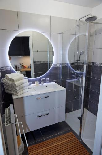 une salle de bain avec un lavabo et un miroir dans l'établissement La Bertonnerie en Champagne, à Prunay