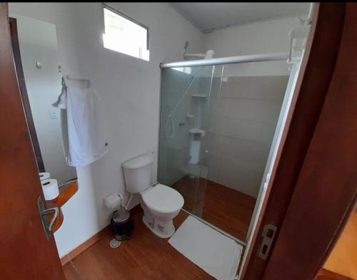 La salle de bains est pourvue de toilettes et d'une douche en verre. dans l'établissement Casa Patacho, à Porto de Pedras