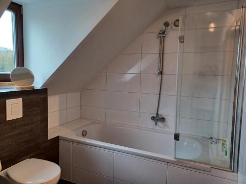 y baño con aseo y bañera. en Schlossblick Apartment für 4 mit Küche Kamin Netflix Parken und Hofladen en Steinhöfel