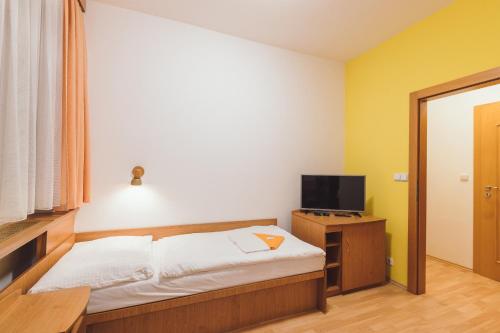 Dormitorio pequeño con cama y TV en Hotel Annahof en Domašov