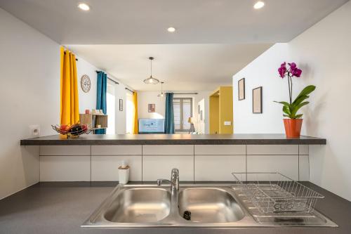 a kitchen with a sink and a counter at Le 10-GregIMMO-Appart'Hôtel in Belfort