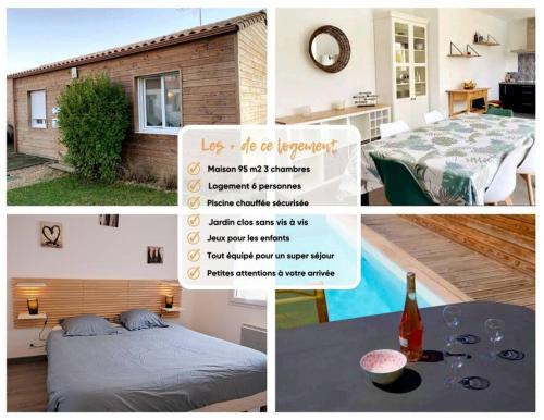 un collage de photos d'une chambre avec un lit et une table dans l'établissement 