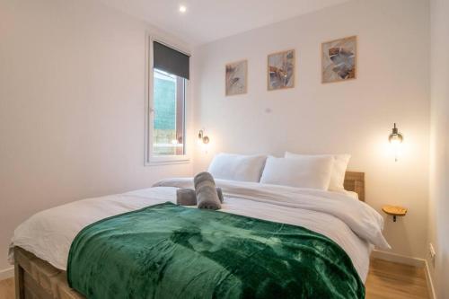 - une chambre dotée d'un grand lit avec un orb vert dans l'établissement F2 hypercentre - Proche gare- WIFI gratuite, au Havre