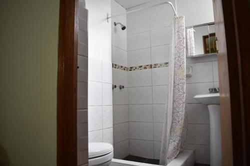 uma casa de banho com um chuveiro, um WC e um lavatório. em Hotelˈs Acolla em Huancayo