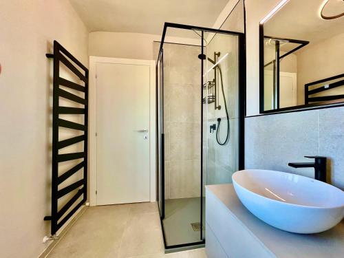 een badkamer met een wastafel en een glazen douche bij Cascina Montè in Guarene