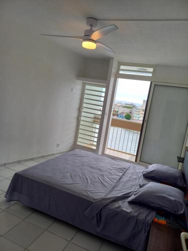 - une chambre avec un lit et un ventilateur de plafond dans l'établissement Down town Pointe à Pitre vue mer, à Pointe-à-Pitre