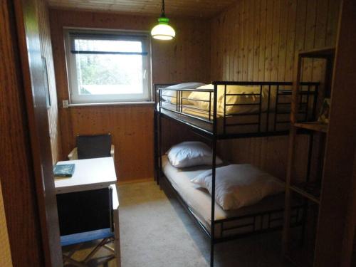 Zimmer mit Etagenbetten, einem Schreibtisch und einem Fenster in der Unterkunft Sonnige Wohnung im Waldgebiet in Schortens