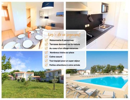 un collage de photos d'une cuisine et d'une piscine dans l'établissement 