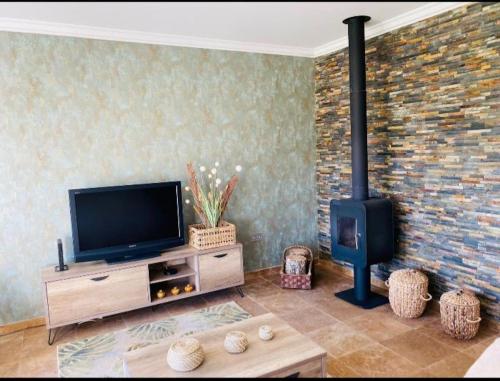 sala de estar con TV y chimenea en Casa De Campo Natureza, en Porto de Mós