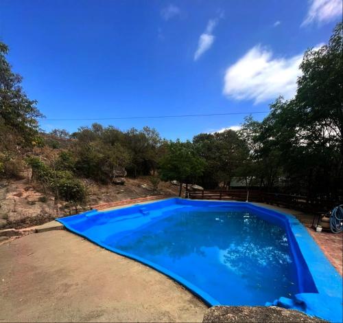 ein blauer Pool in einem Garten mit Bäumen in der Unterkunft Posada del Bosque in Tanti