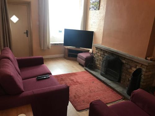 a living room with a couch and a fireplace at Cherry Tree Cottage, Aysgarth in Leyburn