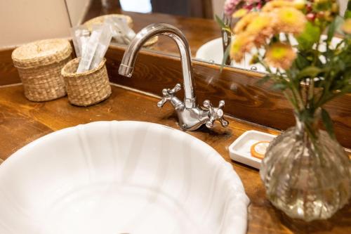 a bathroom counter with a sink and a vase at Rectoral de Cobres 1729 in San Adrian de Cobres