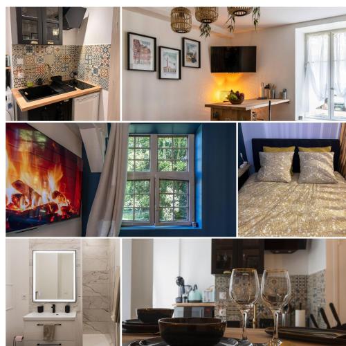 un collage de photos d'une chambre et d'un salon dans l'établissement L'Odyssée - parking privé - centre ville, à Troyes