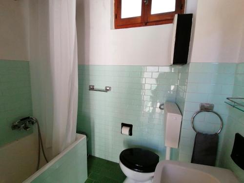 ein Bad mit einem WC, einem Waschbecken und einem Fenster in der Unterkunft Casa d'arte in the mountains on Lake Orta - 16 per in Quarna Sotto
