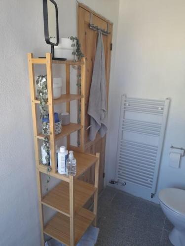 a bathroom with a toilet and a wooden shelf at Flat, heart of Billund, 600m to Lego House, close to Legoland, Lalandia, Airport, in Billund