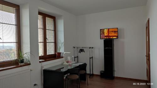 a room with a table and some chairs and windows at Villa Homestay Nad Helmrovkou in Prague