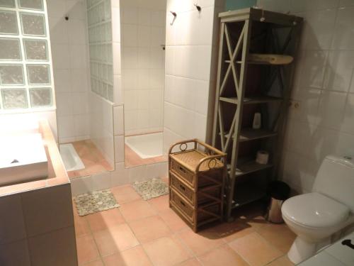 uma casa de banho com um chuveiro, um WC e um lavatório. em Bakhuisje 6p nabij Durbuy em Villers-Sainte-Gertrude