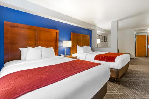 2 camas en una habitación de hotel con paredes azules en Comfort Suites Redding - Shasta Lake, en Redding