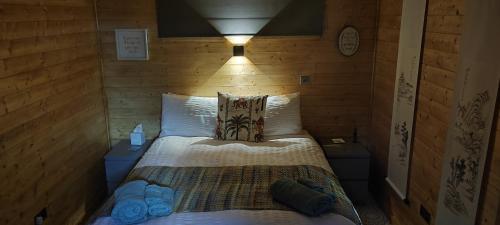 Horse Island View Luxury Retreat في Kircubbin: غرفة نوم مع سرير مع مواقف ليلتين