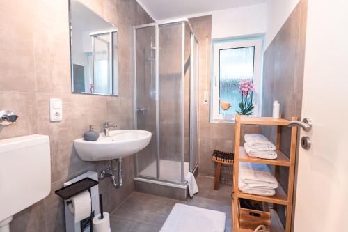 een kleine badkamer met een wastafel en een douche bij Wohnung mit Tiefgarage u. Balkon in Paderborn