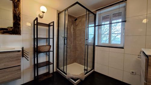 La salle de bains est pourvue d'une douche avec une porte en verre. dans l'établissement Haus Blick am Edersee, à Waldeck