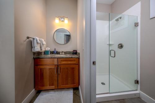 a bathroom with a sink and a shower at Pilot Cove in Pisgah Forest