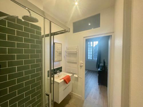 une salle de bain avec un lavabo et une douche en verre dans l'établissement Studio Modern times a Rouen -280, à Rouen