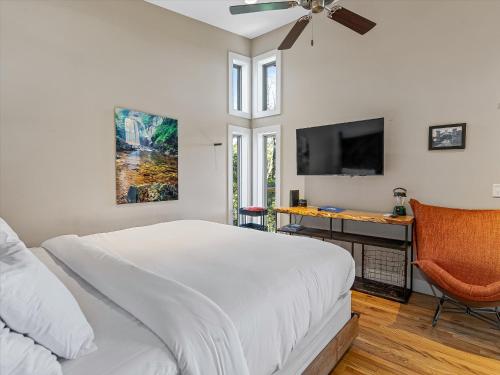 a bedroom with a bed and a desk and a tv at Pilot Cove in Pisgah Forest