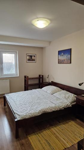 a bedroom with a large bed and a window at Apartment Adriana 10E, Vysoké Tatry, High Tatras in Veľký Slavkov