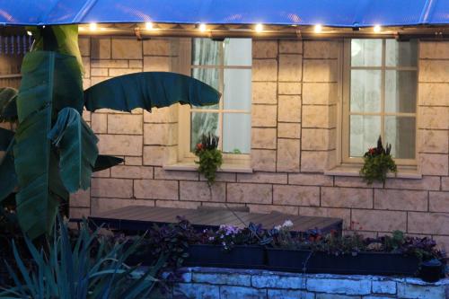 a brick building with windows and lights on it at Cozy Cottage - Free Parking, Self Check-in in Oradea