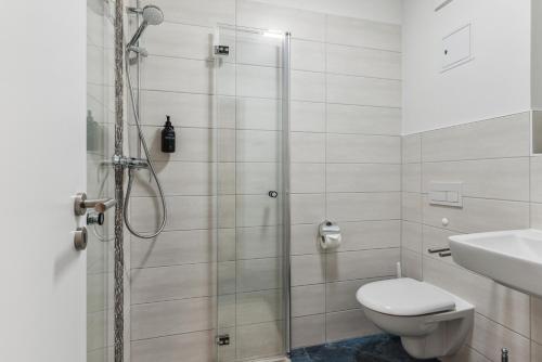 a bathroom with a shower with a toilet and a sink at Vorstadtoase für 2 - Netflix, Parkplatz, Nähe BER, Queensize-Bett in Eichwalde
