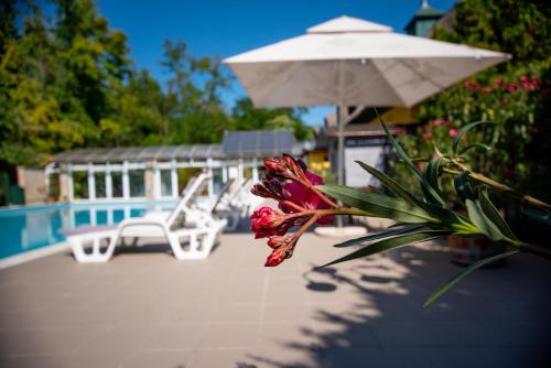 a patio with an umbrella and a flower and chairs at Nyerges Hotel Termál Superior in Monor