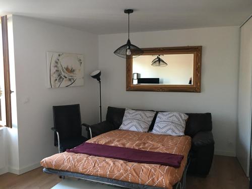 a bedroom with a bed and a mirror on the wall at Joli cocon 1er central in Caylus