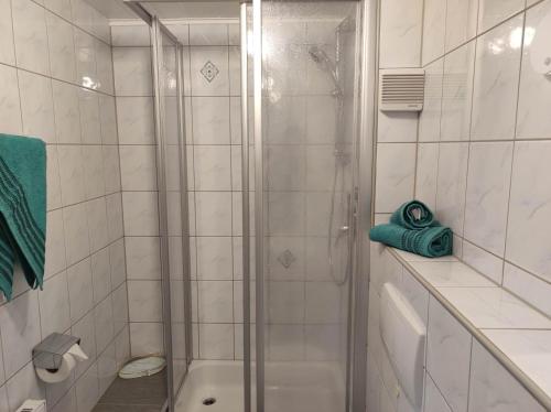 耶爾岑斯的住宿－Haus Gertrud，带淋浴和卫生间的浴室