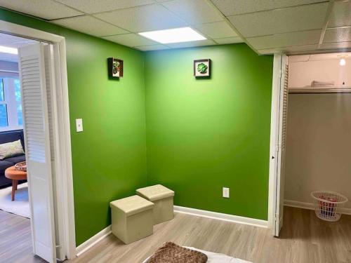 a bathroom with green walls and a toilet in a room at Midtown at Marion Green 1BR 1BA, 2 miles FAMU FSU, 2blks TMH in Tallahassee
