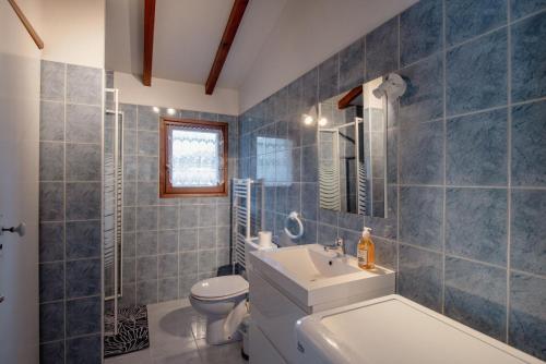 Un baño con azulejos azules, inodoro y lavabo. en Goiz-izarra, en Saint-Martin-dʼArrossa