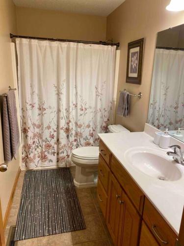 a bathroom with a sink and a toilet and a shower curtain at Beautifully Furnished 5-Bedroom in Rochester