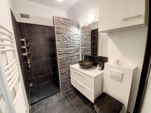 ein Bad mit einem Waschbecken und einer Dusche in der Unterkunft Vincennes superbe appartement en rdc in Vincennes