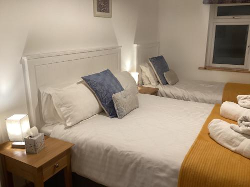 1 dormitorio con 2 camas y almohadas azules y blancas en Roundstone Harbour lights Roundstoneselfcatering, en Roundstone