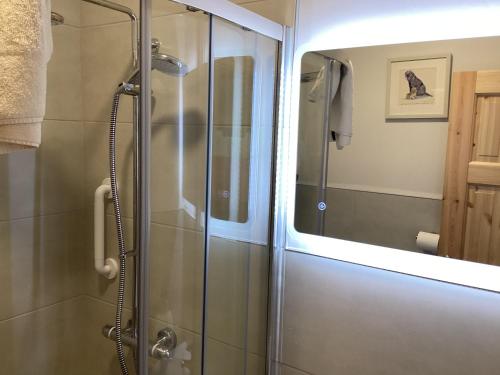 a shower with a glass door in a bathroom at Roundstone Harbour lights Roundstoneselfcatering in Roundstone