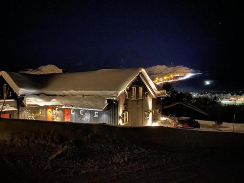 a house with snow on the roof at night at Fjellhytte på Hovden in Hovden