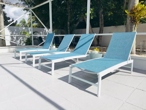 a row of blue and white chairs on a patio at Home in Miami in Miami