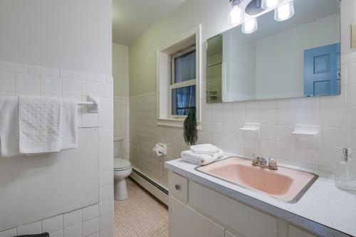 La salle de bains est pourvue d'un lavabo rose et de toilettes. dans l'établissement Historic Raphine Retreat Near Brownsburg Village!, à Raphine