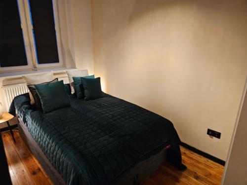 1 dormitorio con 1 cama con edredón verde en Alte Schule, en Żarska
