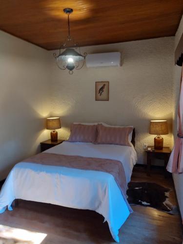 a bedroom with a large bed with two lamps at Pousada Granja Santa Barbara in Petrópolis