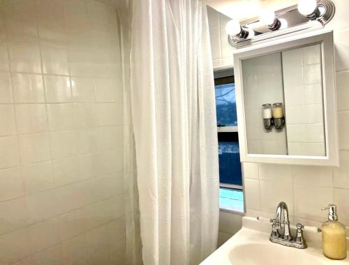 W łazience znajduje się umywalka, lustro i prysznic. w obiekcie 5-A Diamond in Yonkers w mieście Yonkers