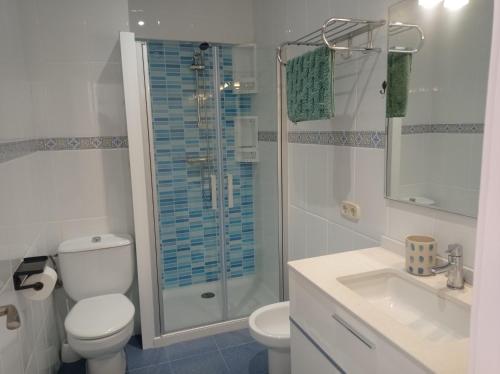a bathroom with a shower and a toilet and a sink at Beach Nice Flat in Puebla de Farnals