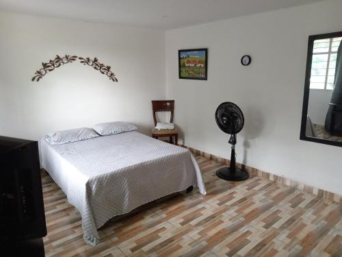 1 dormitorio con 1 cama y ventilador en Casa de renta vacacional Andy-Cali -Valle del Cauca en Cali