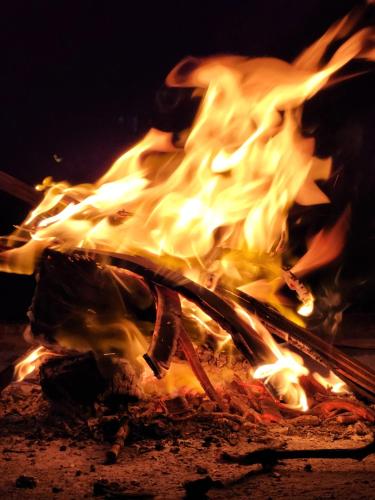 a fire is burning in a grill with flames at Amare Cabin in the bush with all your needs! in Marloth Park