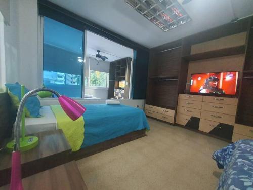 パナマシティにあるR-8 Amplio apartamento en zona turística.のベッドルーム(ベッド1台、テレビ付)